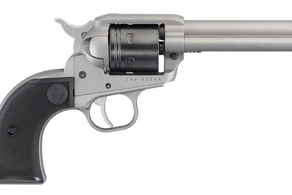 Ruger 2003 Wrangler  22 LR 6 Shot 4.62" Silver Cerakote, Silver Cerkoate Aluminum Frame & Cylinder Black Checkered Polymer Grips