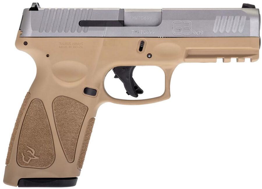 Taurus 1G3B949T15 G3  Full Size Frame 9mm Luger 15+1 4" Matte Stainless Steel Barrel, Matte Serrated Stainless Steel Slide, Tan Polymer Frame w/Picatinny Rail, Tan Polymer Grip, Right Hand