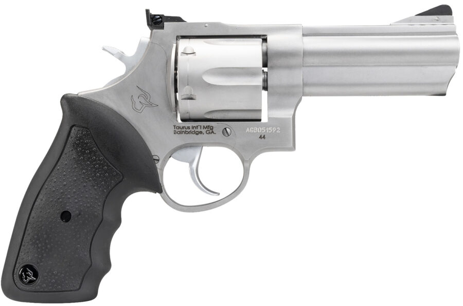 Taurus 2440049 44  Large Frame 44 Rem Mag 6rd 4" Matte Stainless Steel Ported Barrel, Matte Stainless Cylinder & Frame, Black Finger Groove Rubber Grip Transfer Bar Safety Exposed Hammer