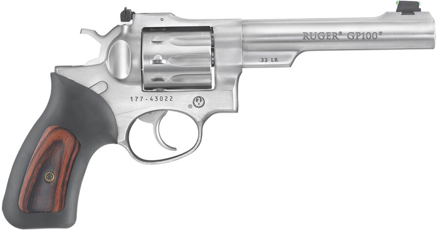 Ruger 1757 GP100  Medium Frame 22 LR 10rd 5.50" Satin Stainless Barrel, Frame & Cylinder, Black Rubber w/Wood Insert Grip, Transfer Bar Safety, Exposed Hammer